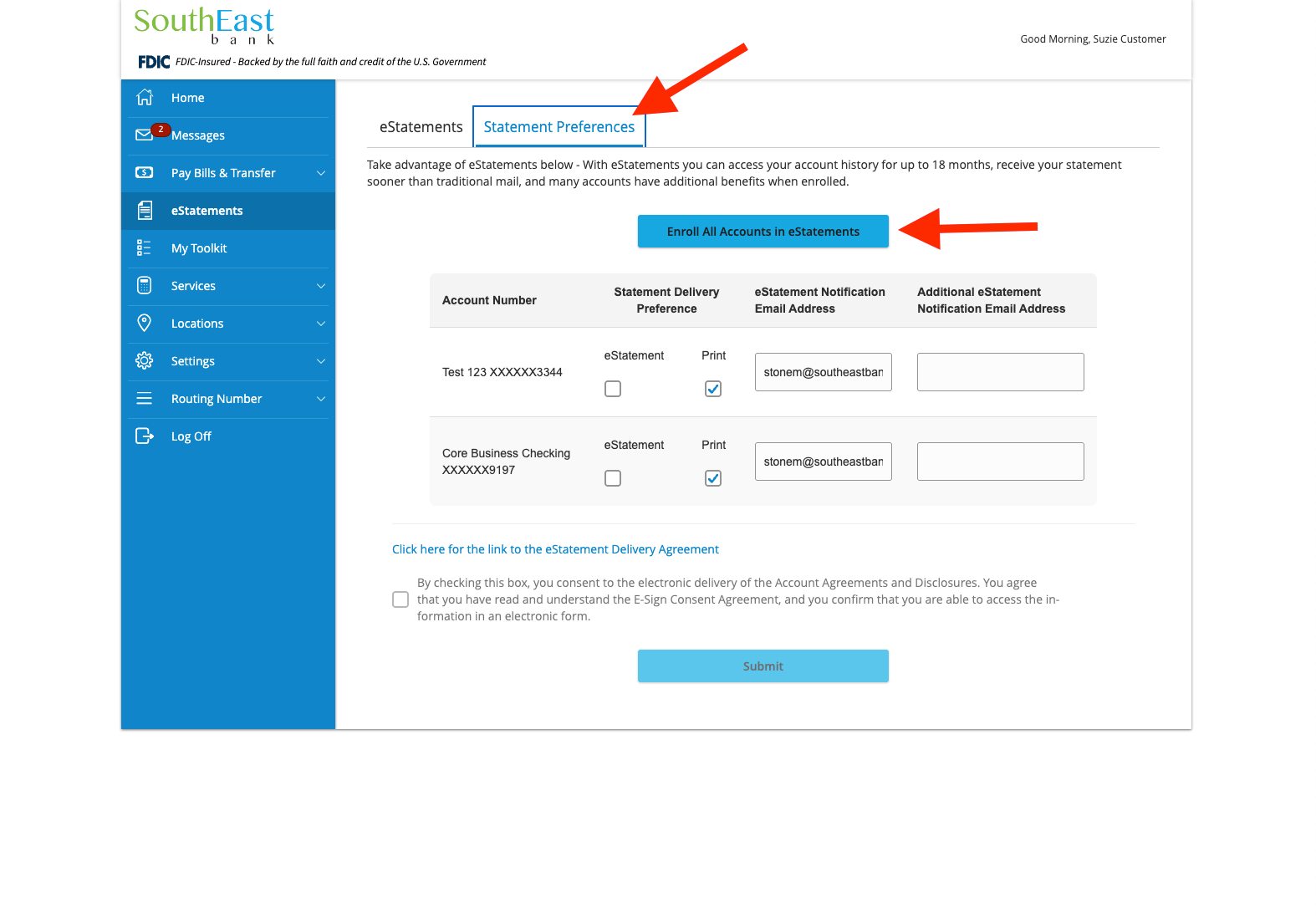enroll in all accounts estatement screenshot online banking